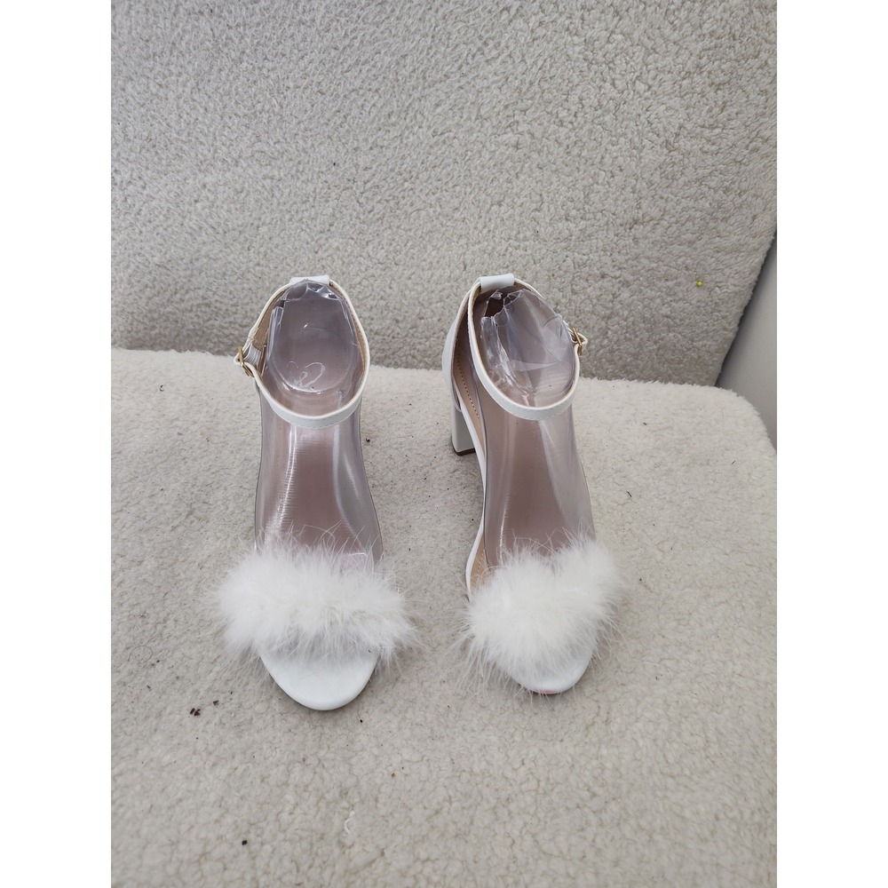 AJ Shoes Womens Size 9 White Block Heel Sandals Faux Fur Strap Clear Ankle Party